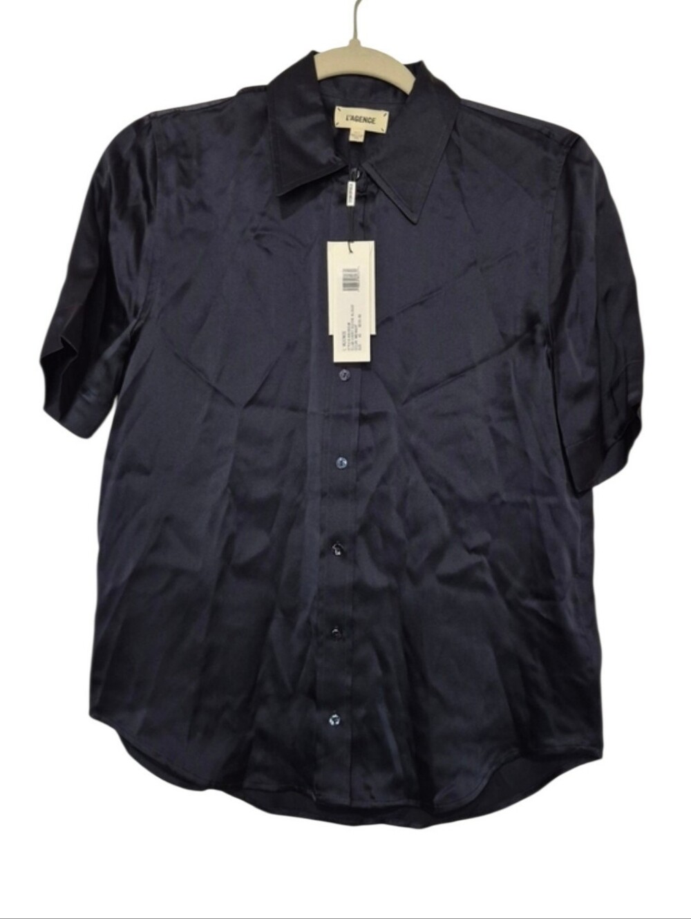 L'AGENCE Ellah Silk Short Sleeve Blouse Midnight Navy Size XS NWT